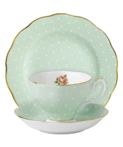 New ⌛ Royal Albert Polka Rose Teacup Saucer & Plate Set Green 🧨
