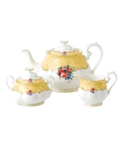Best Sale π Royal Albert 100 Years 1990 Teapot Cream & Sugar Set White/ Yellow π