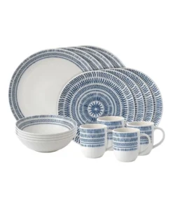 Best Sale ⌛ Royal Doulton Ellen DeGeneres Chevron 16pc Dining Set Dark Blue 🔥